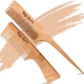 KeshBindu Handmade Neem Wooden Comb for Men & Women. Includes 2-piece set | Handle Comb + Tail Comb.
