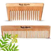 KeshBindu Neem Wooden Comb For Men & Women Detangling, Suited For All Hair Diffrent Type of Kangi Combo Pack 2pis (Wide Tooth + Dual Tooth)