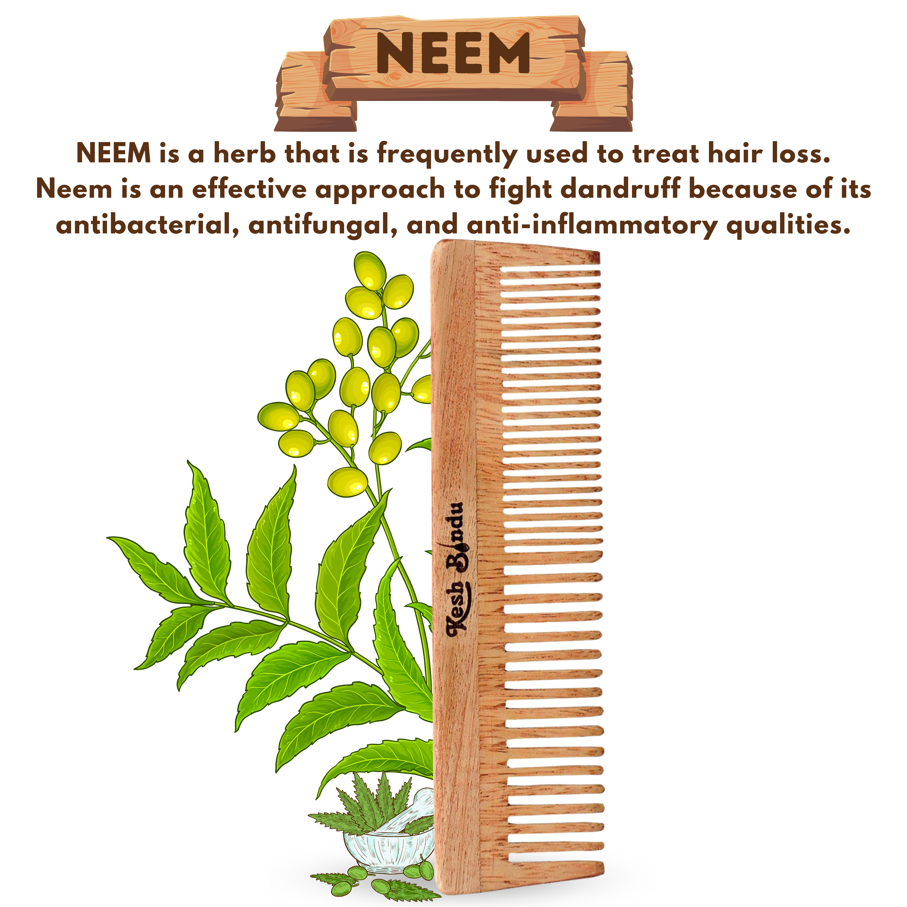 KeshBindu Neem Wooden Comb For Men & Women Detangling, Suited For All Hair Diffrent Type of Kangi Combo Pack 4pis (Handle + Wide Tooth + Tel + Dual Tooth)