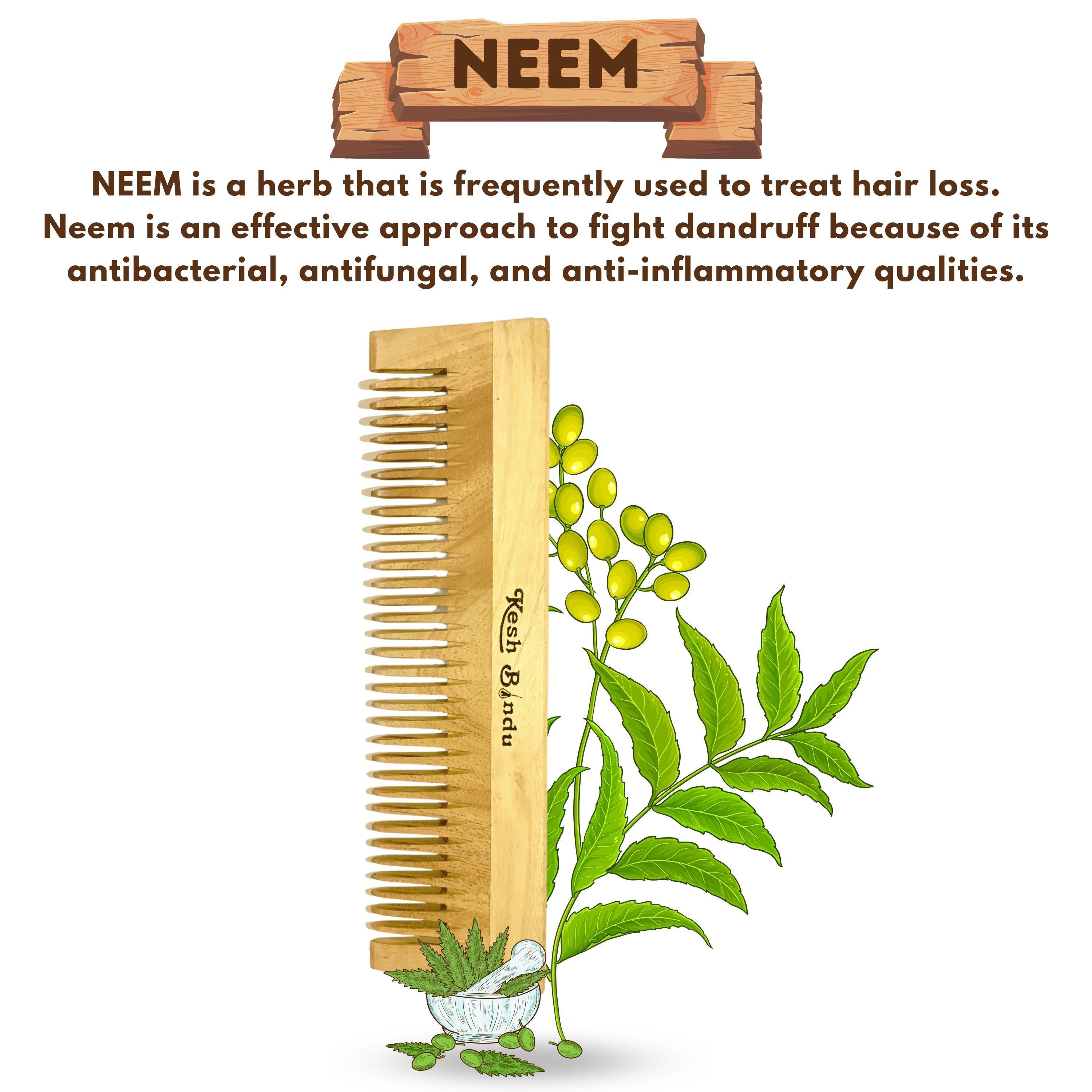 KeshBindu Neem Comb For Men & Women Detangling | Wide Tooth for All Hair Types