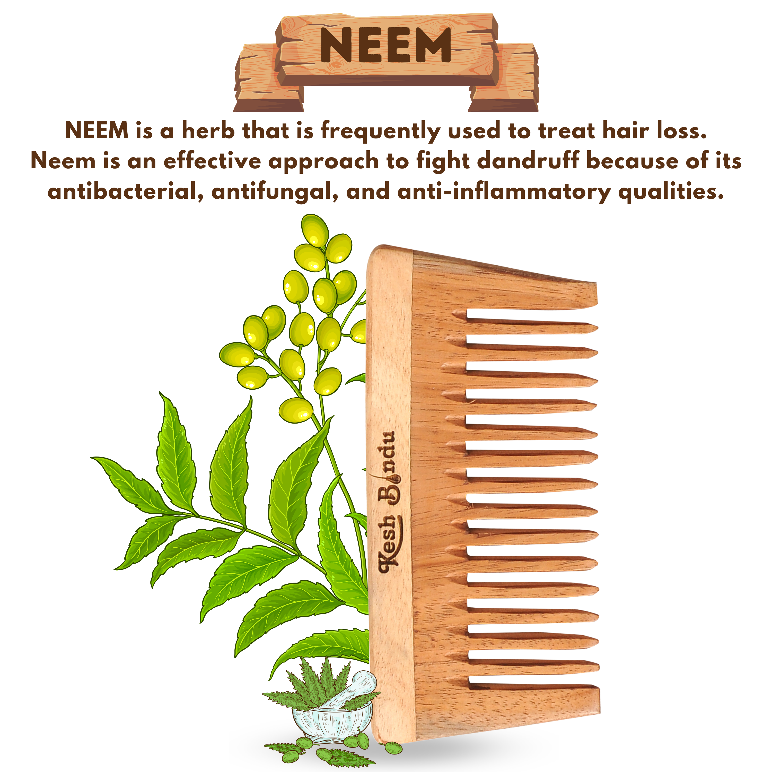 KeshBindu Neem Wooden Wide Tooth Comb for Women | Suited for All Hair Types