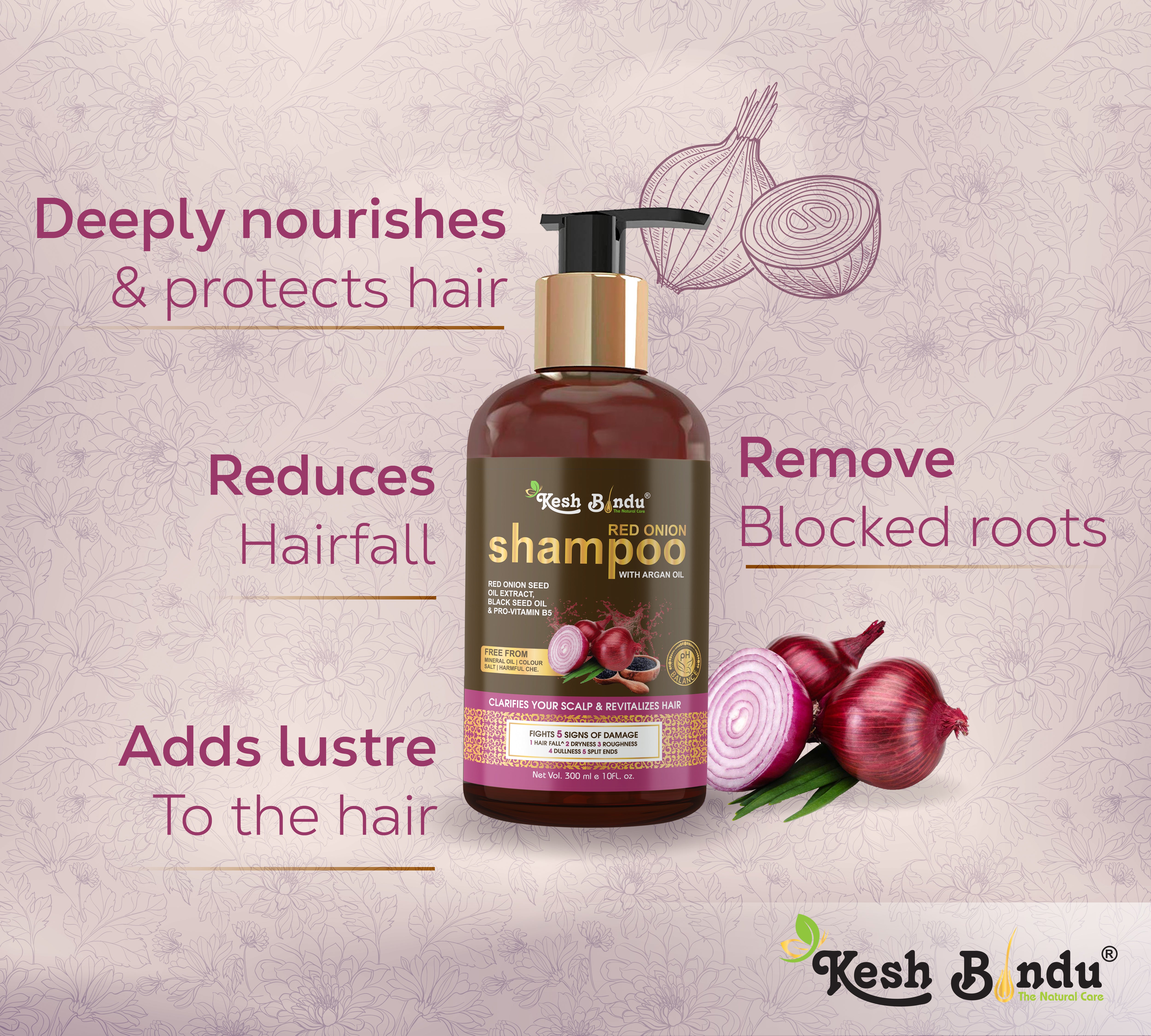 KeshBindu Red Onion Black Seed Oil Shampoo, 300ml