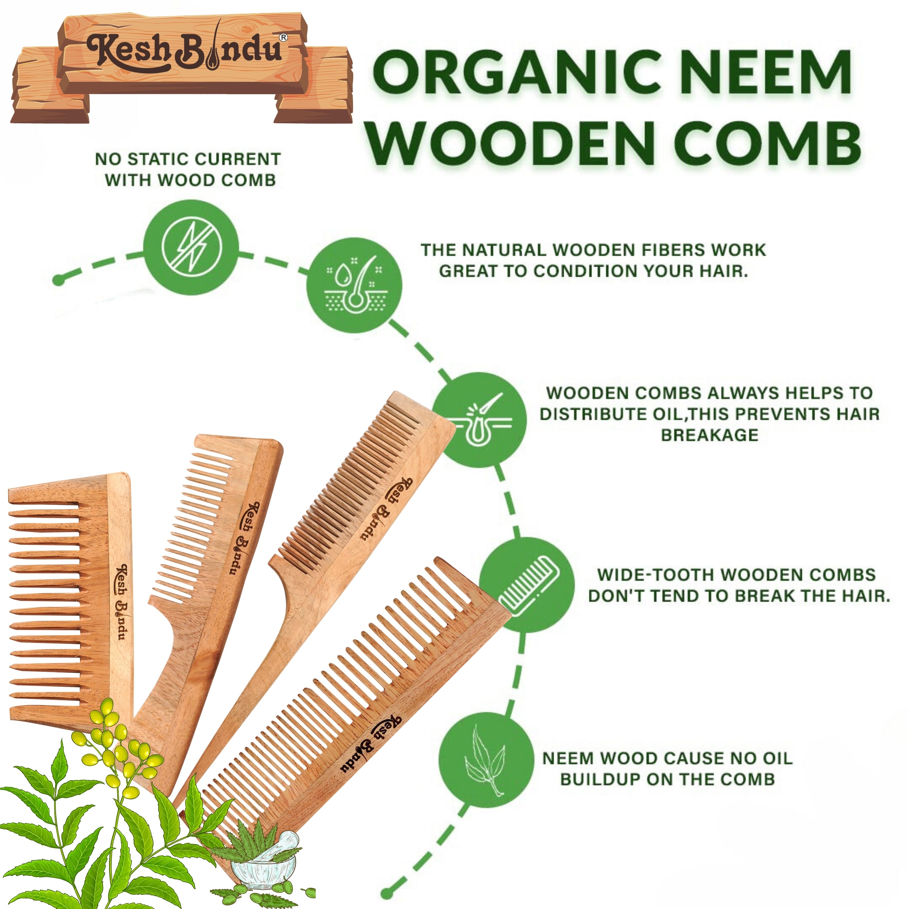 KeshBindu Neem Wooden Comb For Men & Women Detangling, Suited For All Hair Diffrent Type of Kangi Combo Pack 4pis (Handle + Wide Tooth + Tel + Dual Tooth)