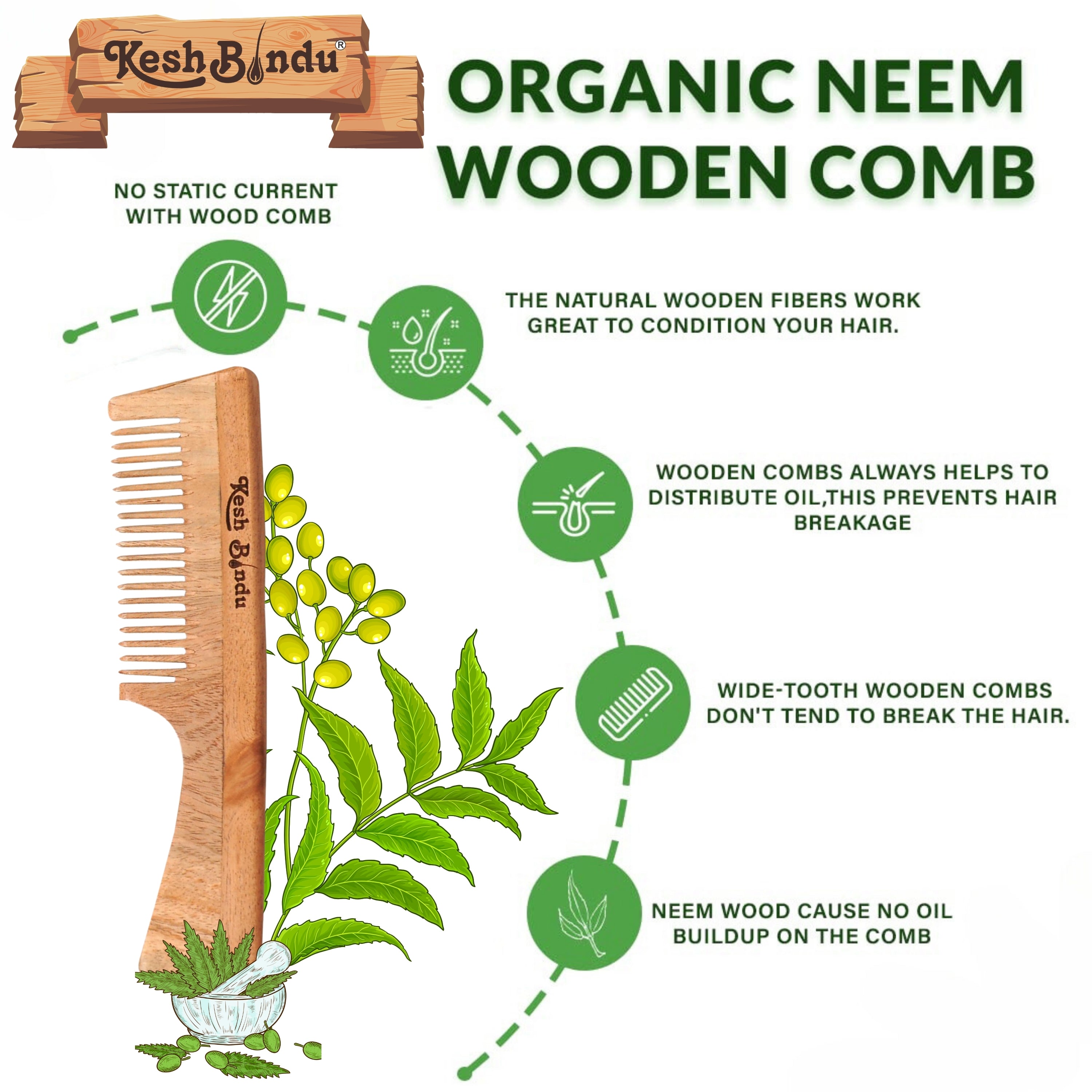 KeshBindu Neem Wooden Handle Comb for Women | Suited for All Hair Types