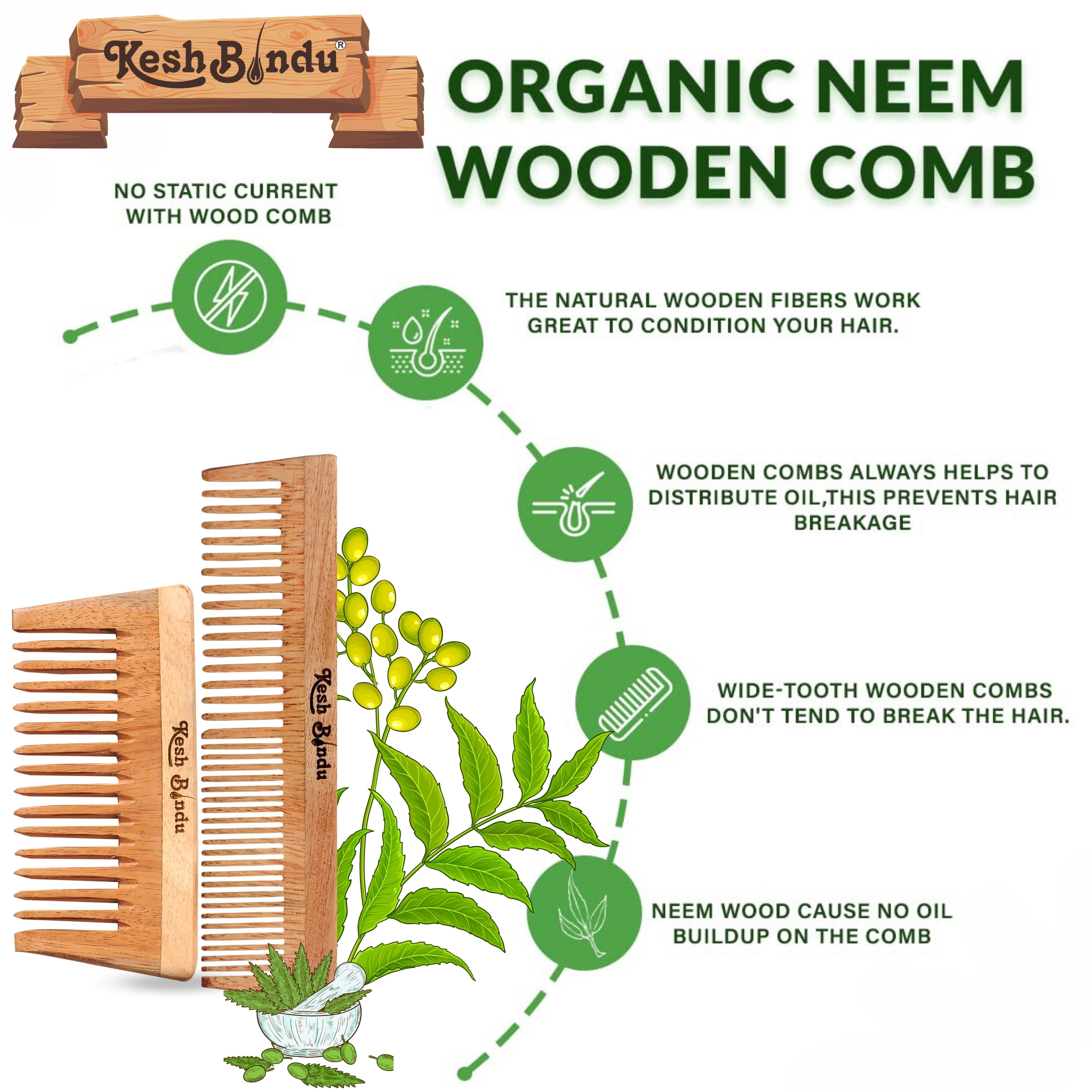 KeshBindu Neem Wooden Comb For Men & Women Detangling, Suited For All Hair Diffrent Type of Kangi Combo Pack 2pis (Wide Tooth + Dual Tooth)