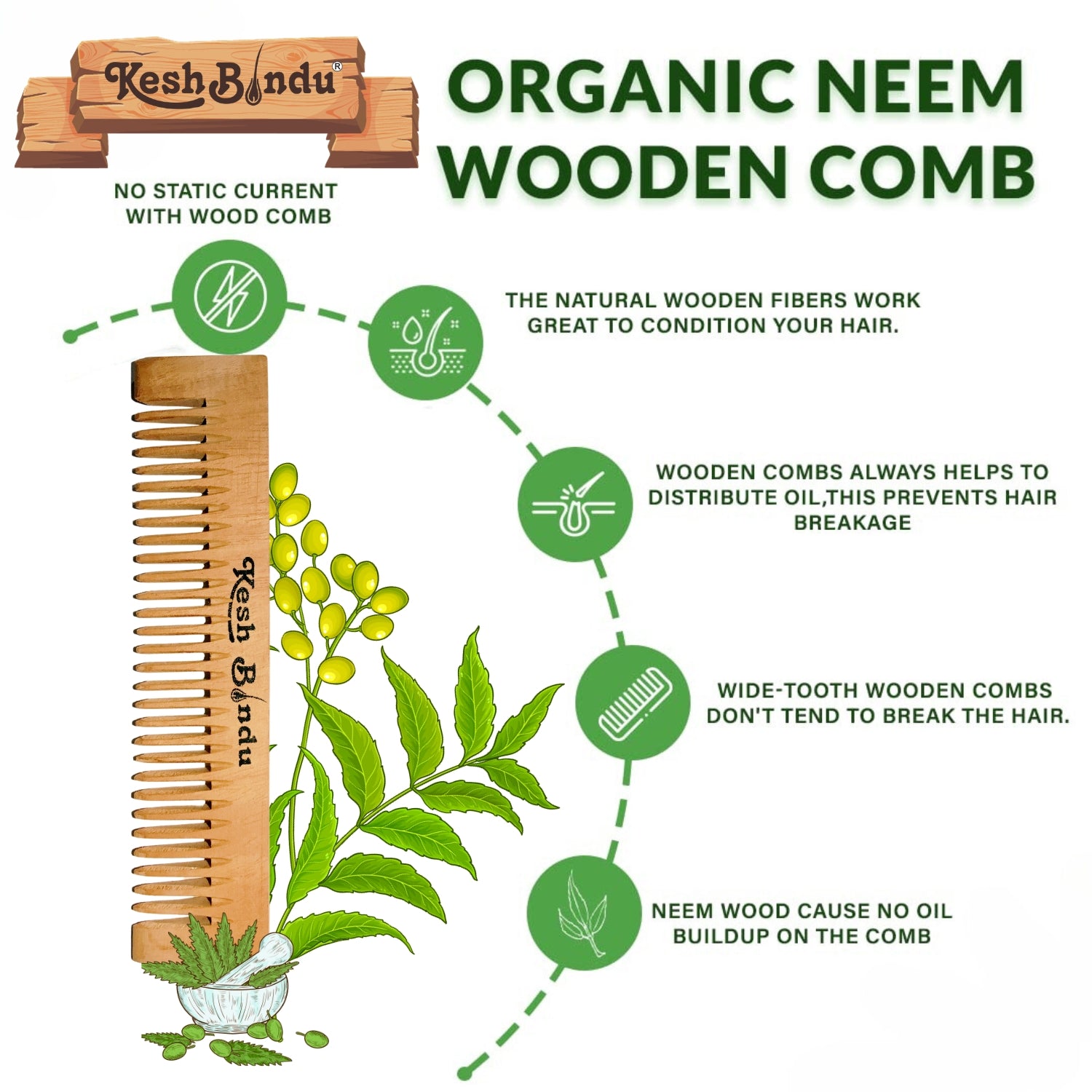 KeshBindu Neem Wooden Pocket Comb, for Beard, Traveling uses & Baby Comb For Men & Kids Hair (Pocket Comb)