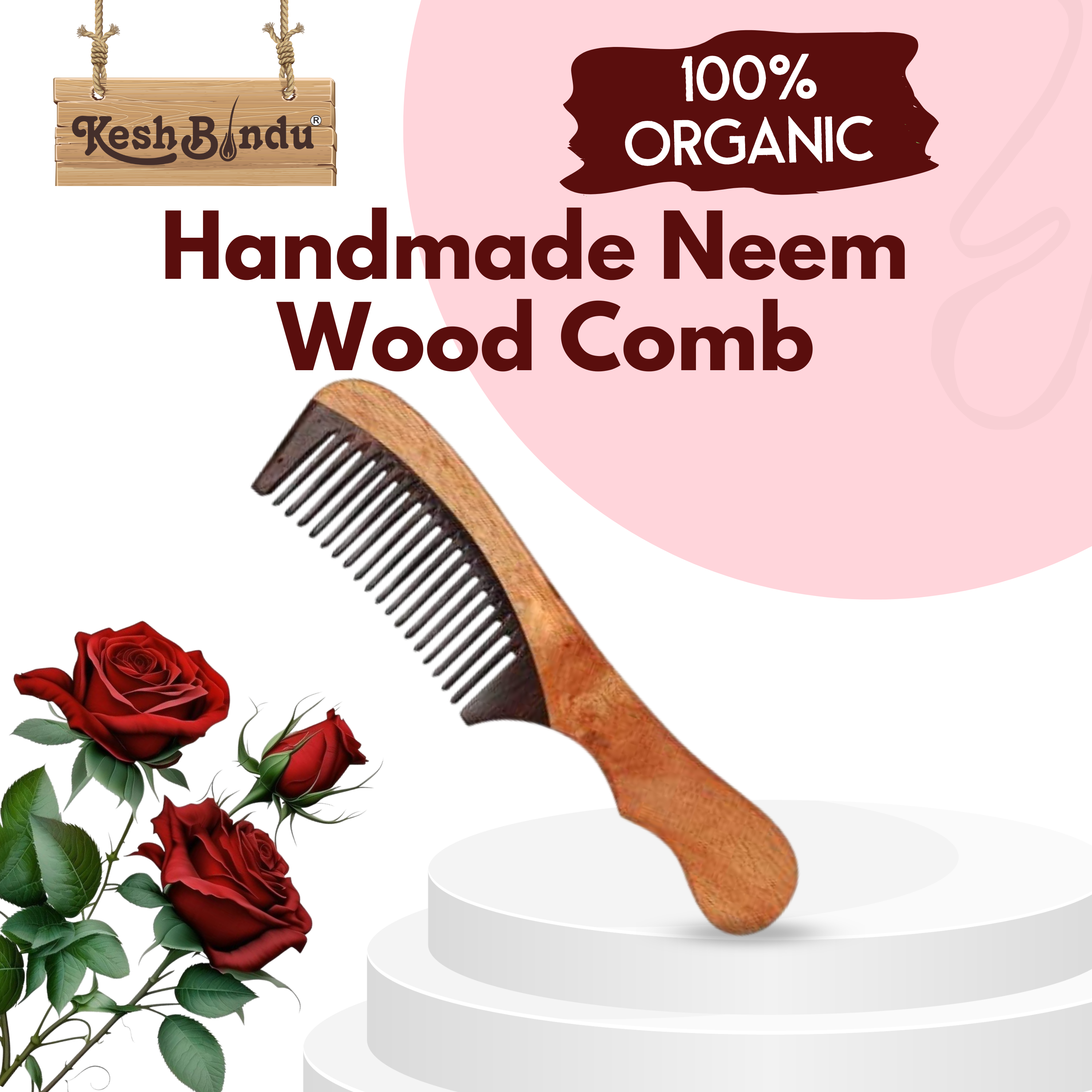 KeshBindu Kacchi Rose sheesham Wooden Comb For Men & Women Detangling, Suited For All Hair Types Kangi (Rosewood Handle Comb)