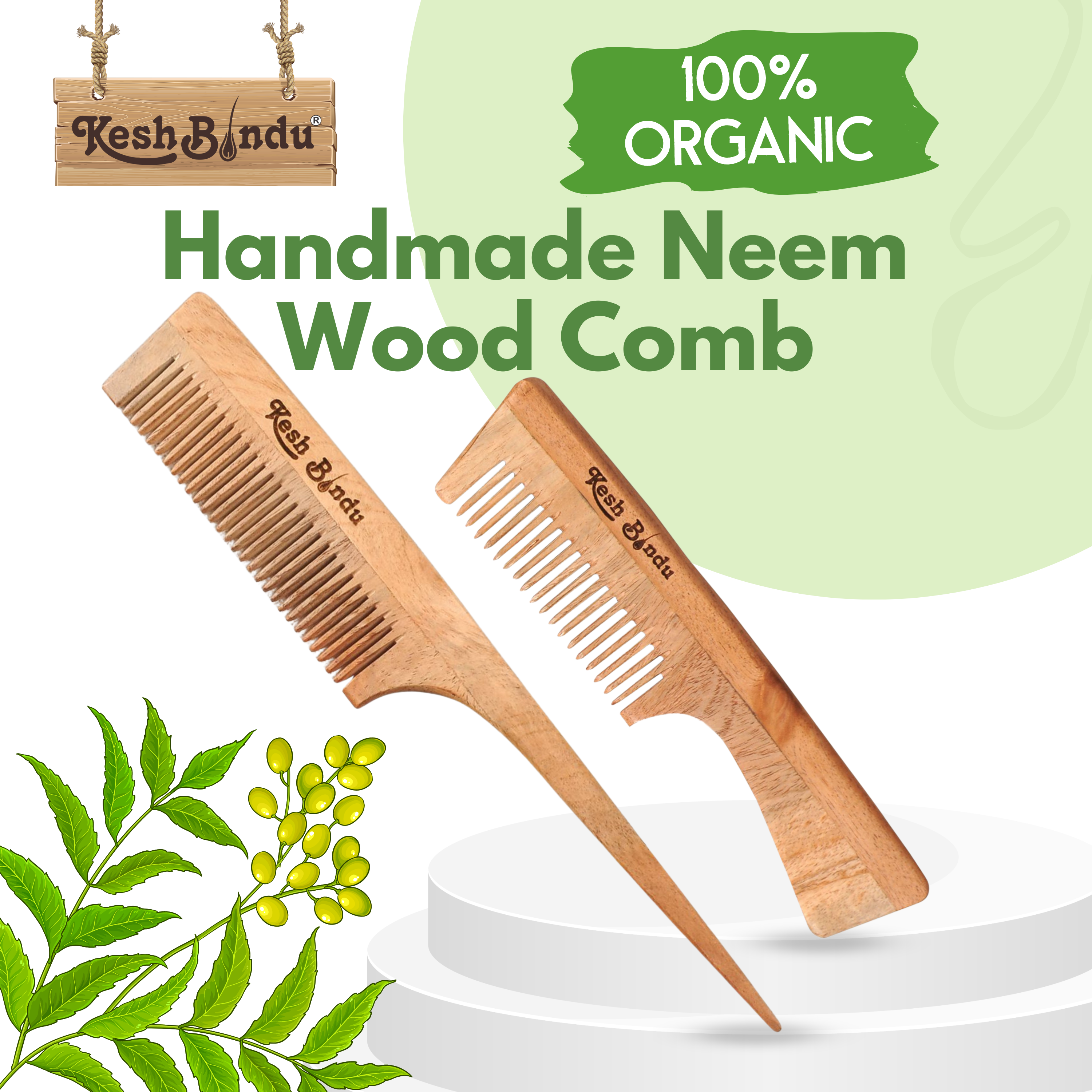 KeshBindu Handmade Neem Wooden Comb for Men & Women. Includes 2-piece set | Handle Comb + Tail Comb.