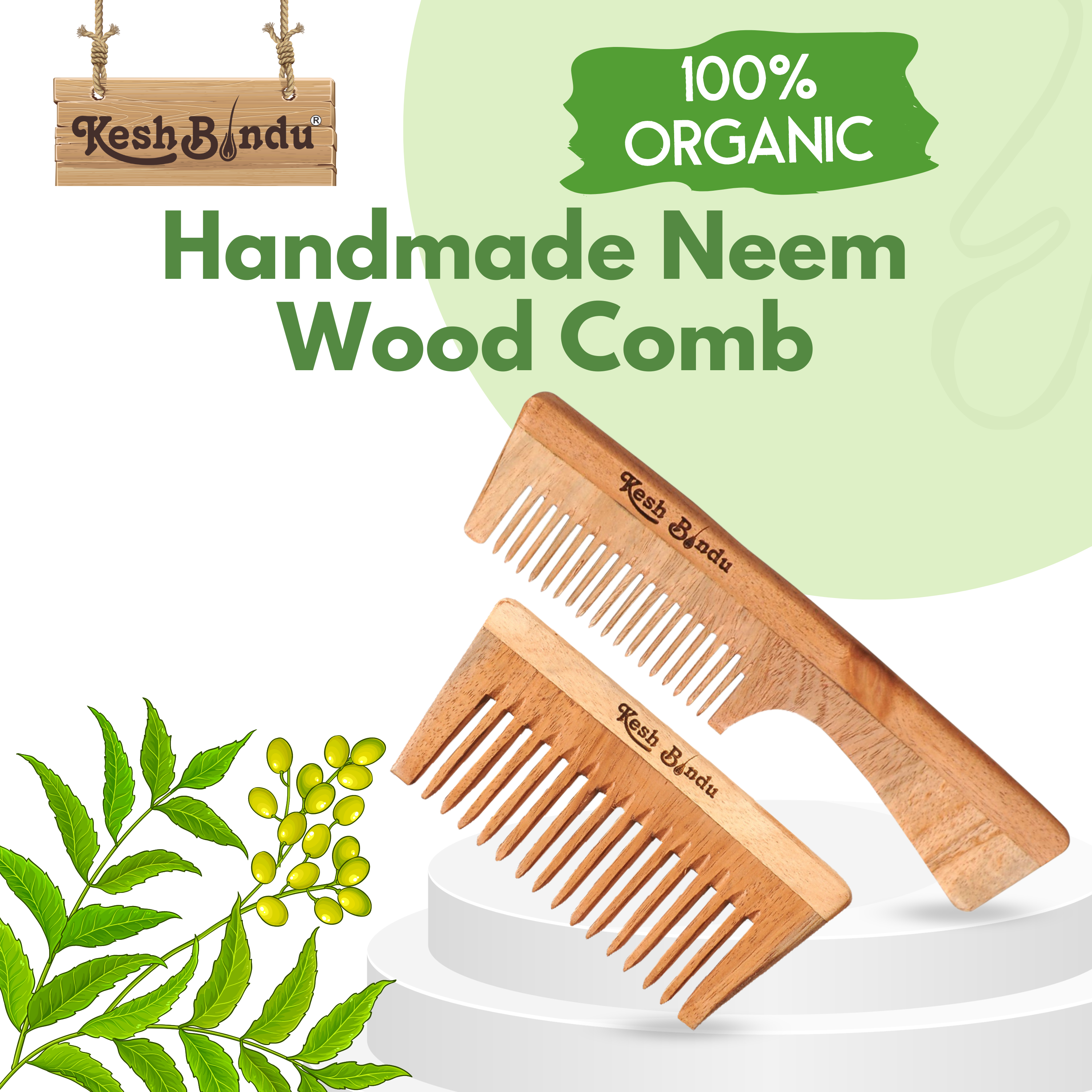 KeshBindu Handmade Neem Wooden Comb(2 Pcs) for Men & Women | Handle + Wide Tooth Comb.