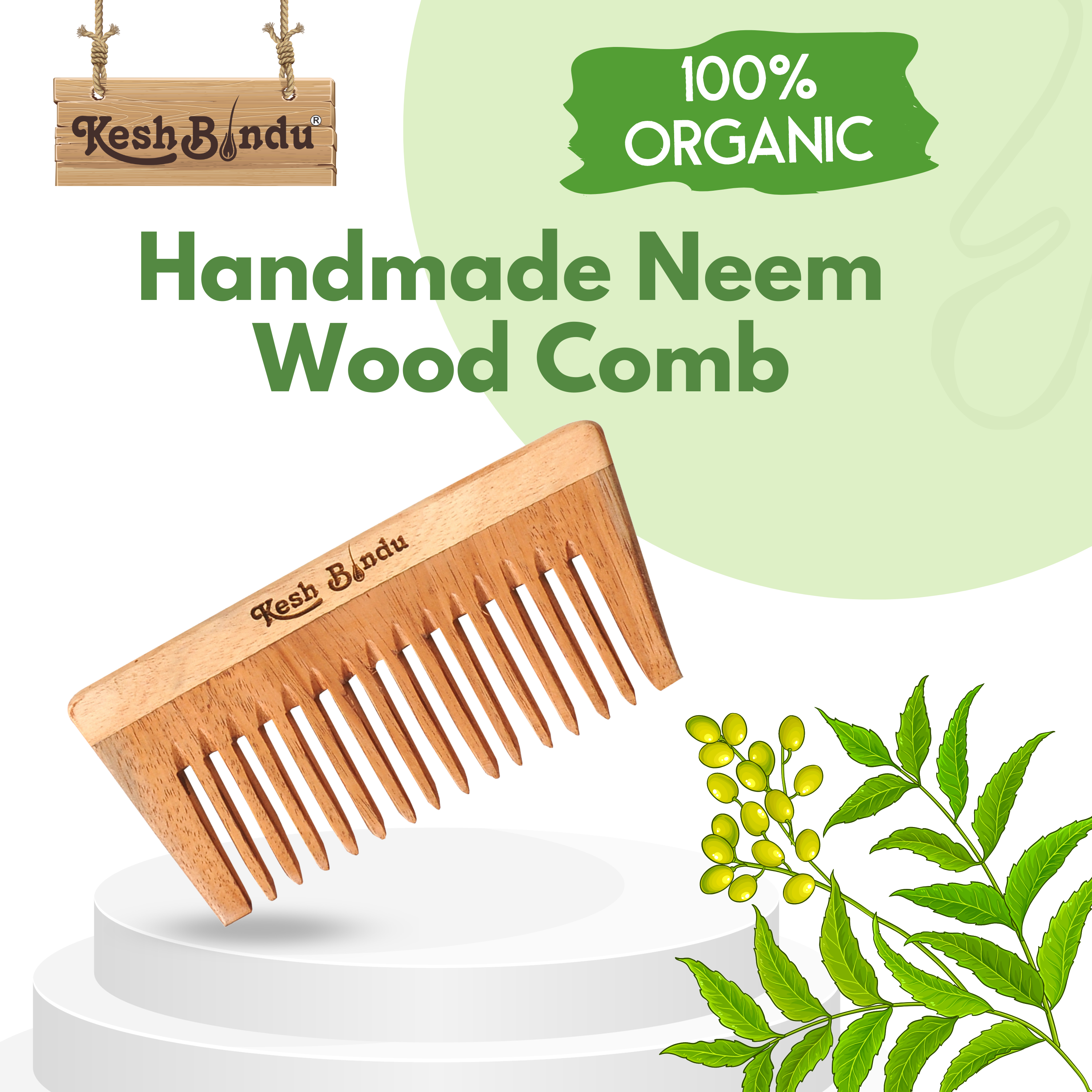 KeshBindu Neem Wooden Wide Tooth Comb for Women | Suited for All Hair Types