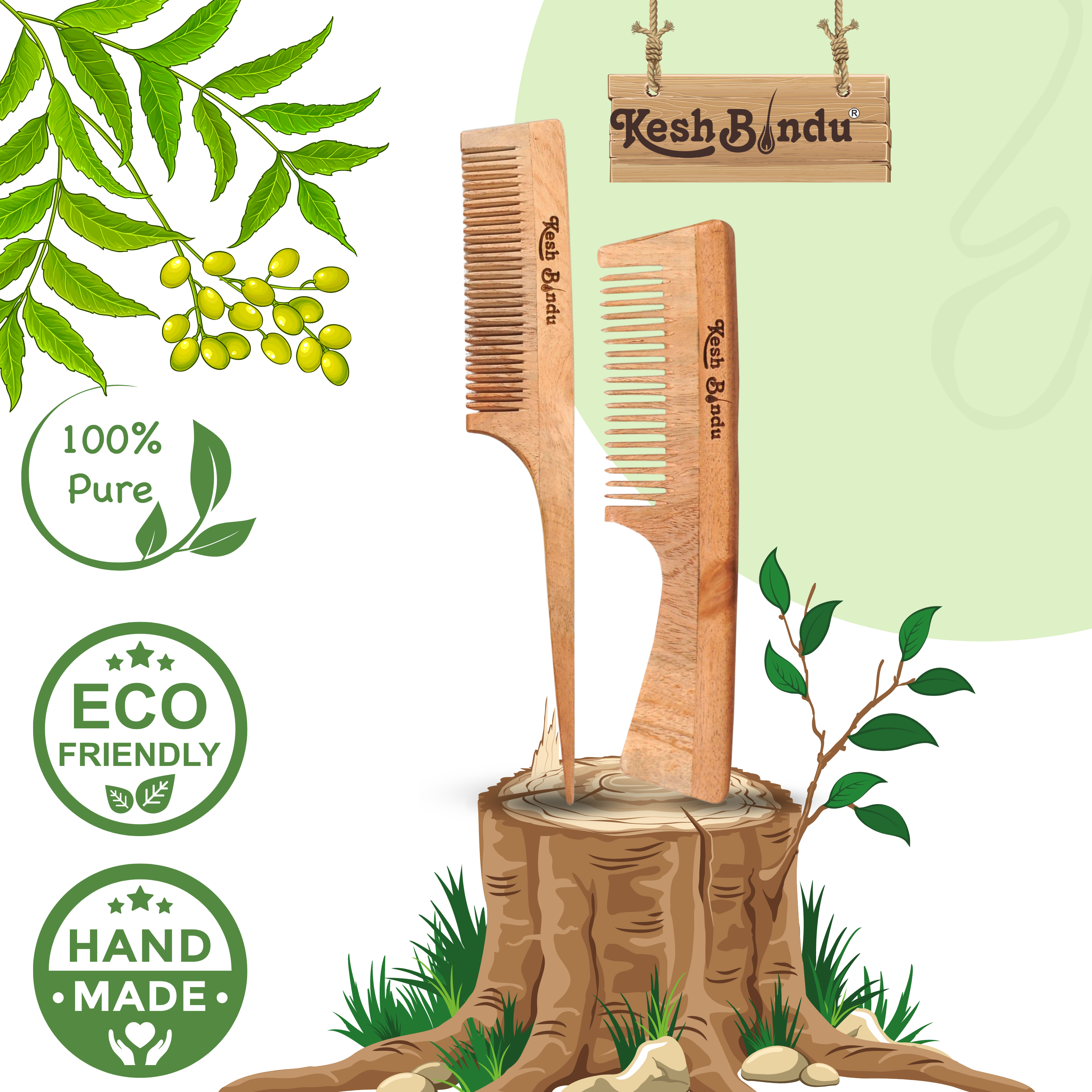 KeshBindu Handmade Neem Wooden Comb for Men & Women. Includes 2-piece set | Handle Comb + Tail Comb.