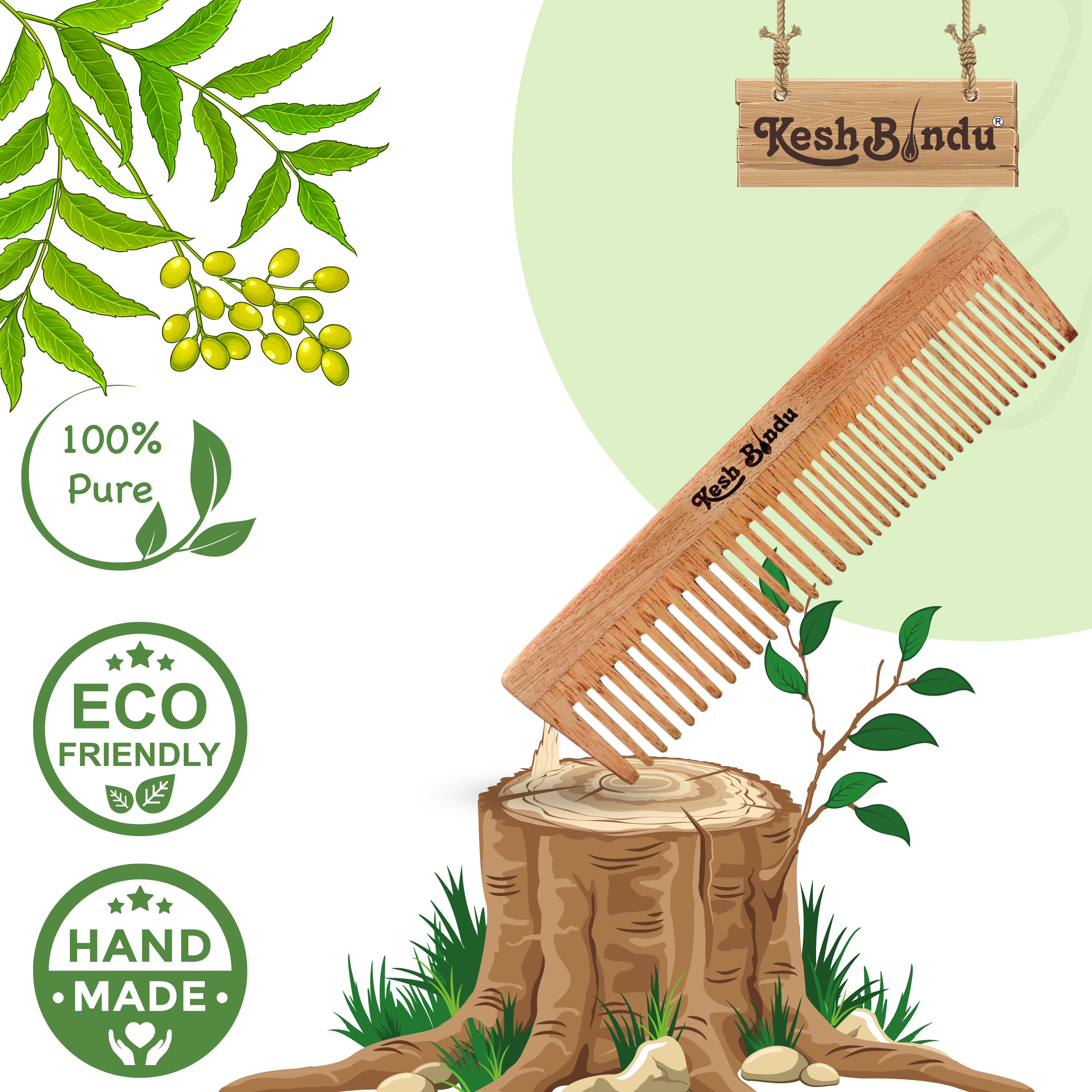 KeshBindu Neem Wooden Comb For Men & Women Detangling, Suited For All Hair Diffrent Type of Kangi Combo Pack 4pis (Handle + Wide Tooth + Tel + Dual Tooth)