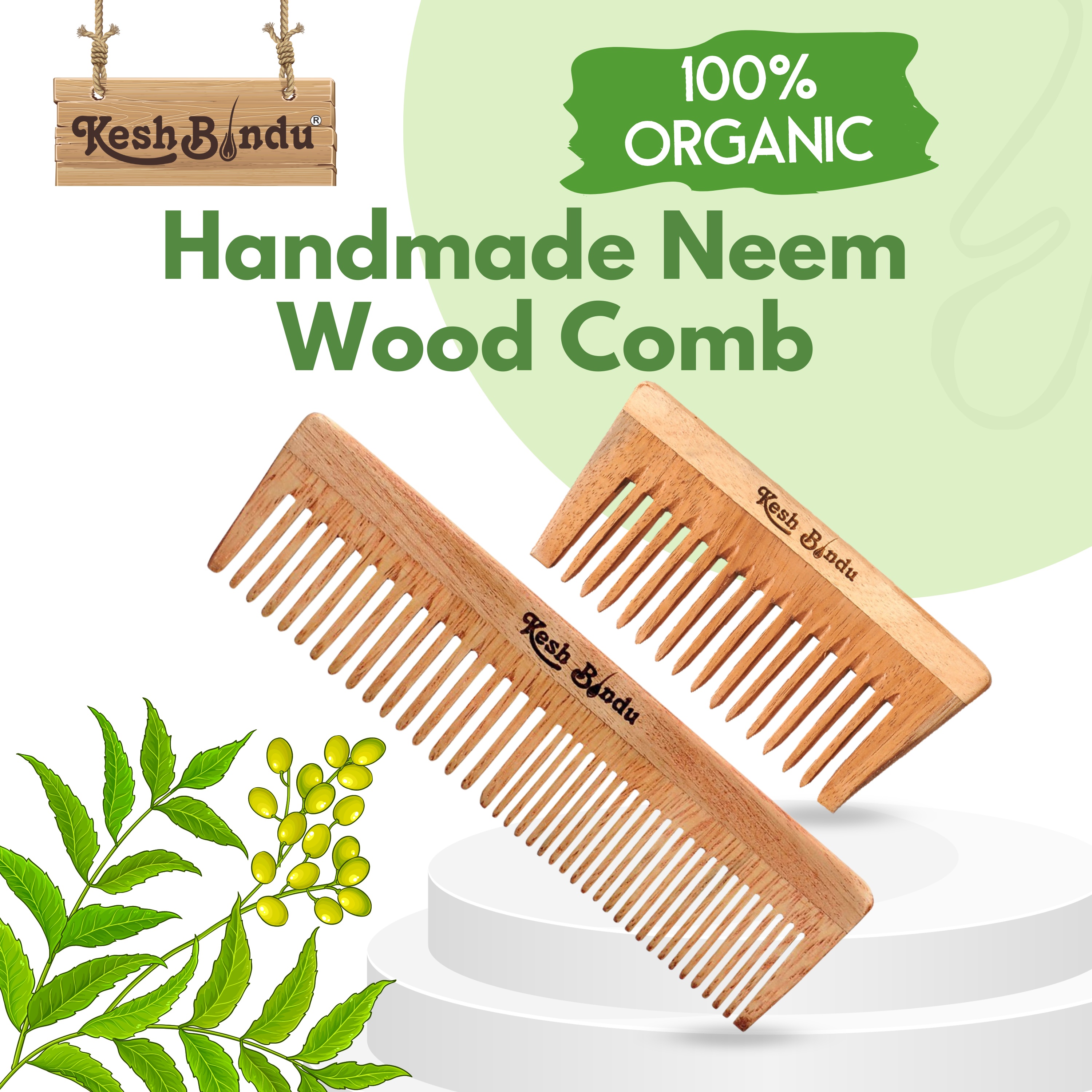 KeshBindu Neem Wooden Comb For Men & Women Detangling, Suited For All Hair Diffrent Type of Kangi Combo Pack 2pis (Wide Tooth + Dual Tooth)