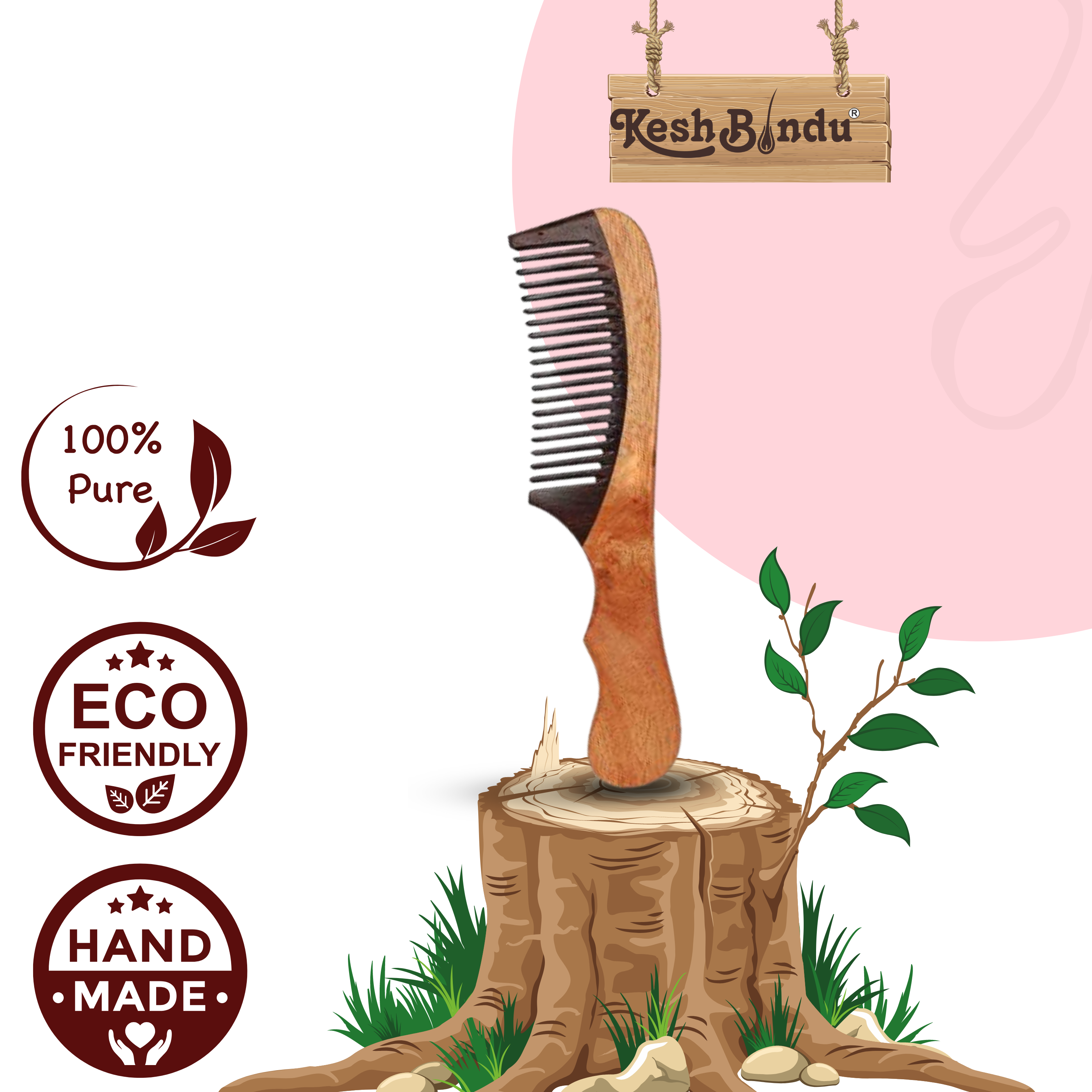 KeshBindu Kacchi Rose sheesham Wooden Comb For Men & Women Detangling, Suited For All Hair Types Kangi (Rosewood Handle Comb)