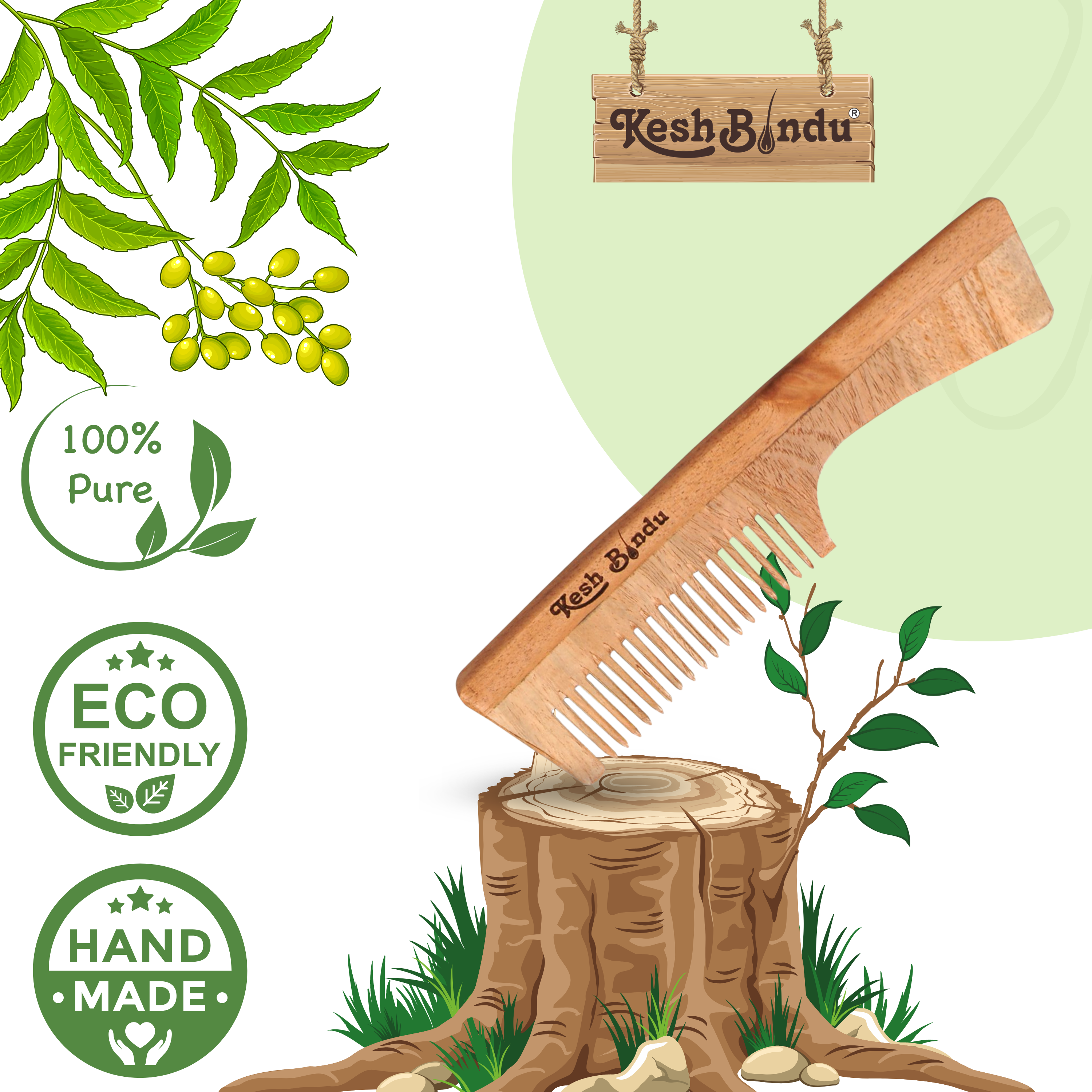 KeshBindu Neem Wooden Handle Comb for Women | Suited for All Hair Types