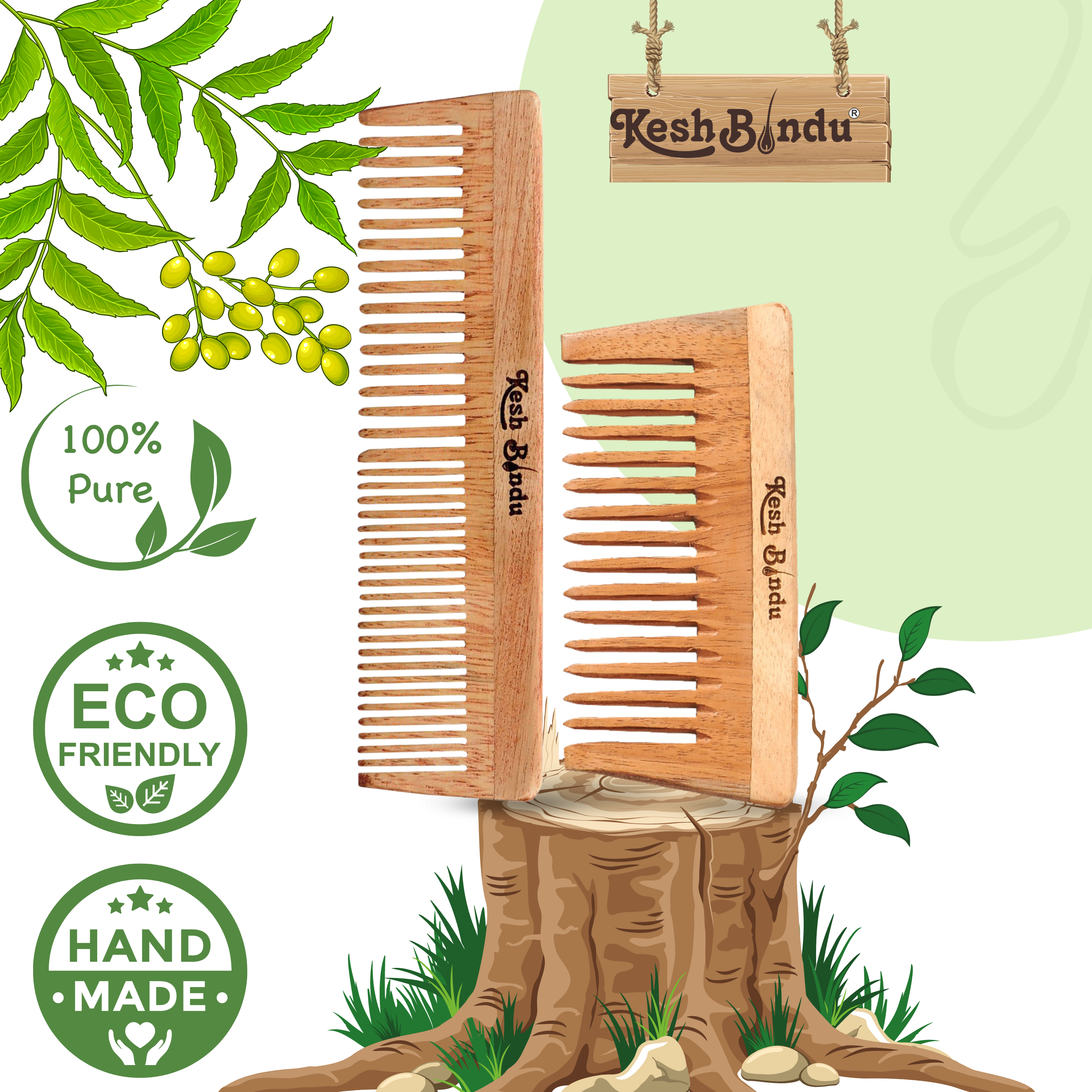 KeshBindu Neem Wooden Comb For Men & Women Detangling, Suited For All Hair Diffrent Type of Kangi Combo Pack 2pis (Wide Tooth + Dual Tooth)
