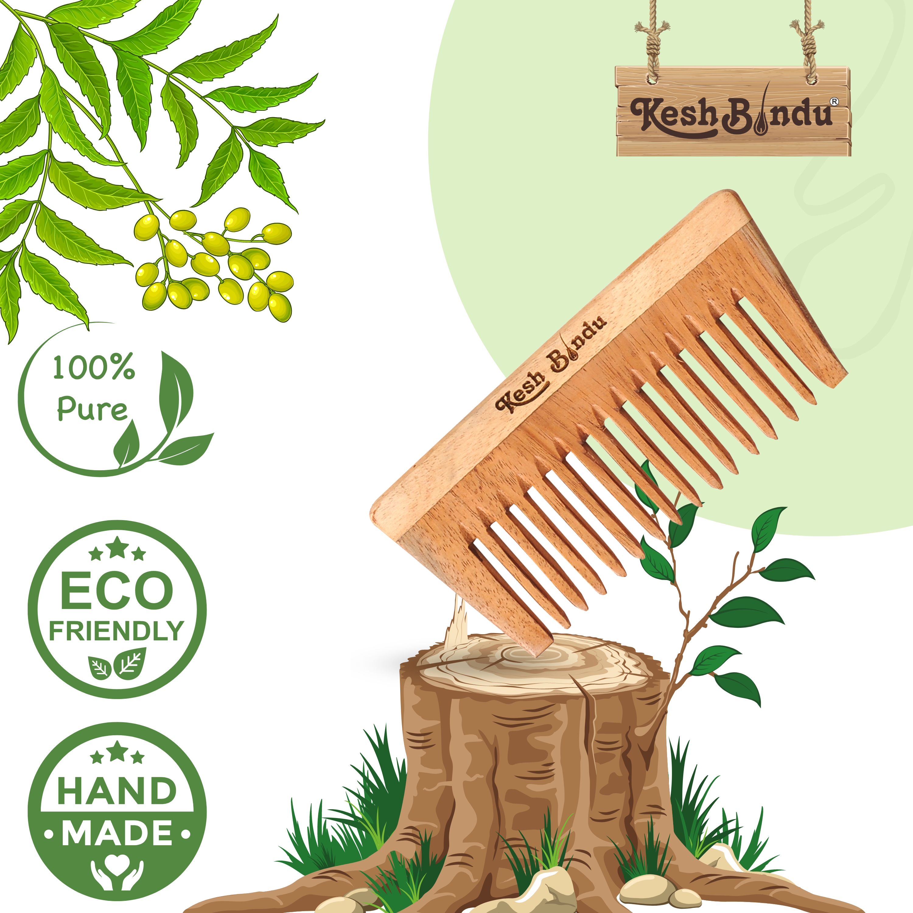 KeshBindu Neem Wooden Wide Tooth Comb for Women | Suited for All Hair Types