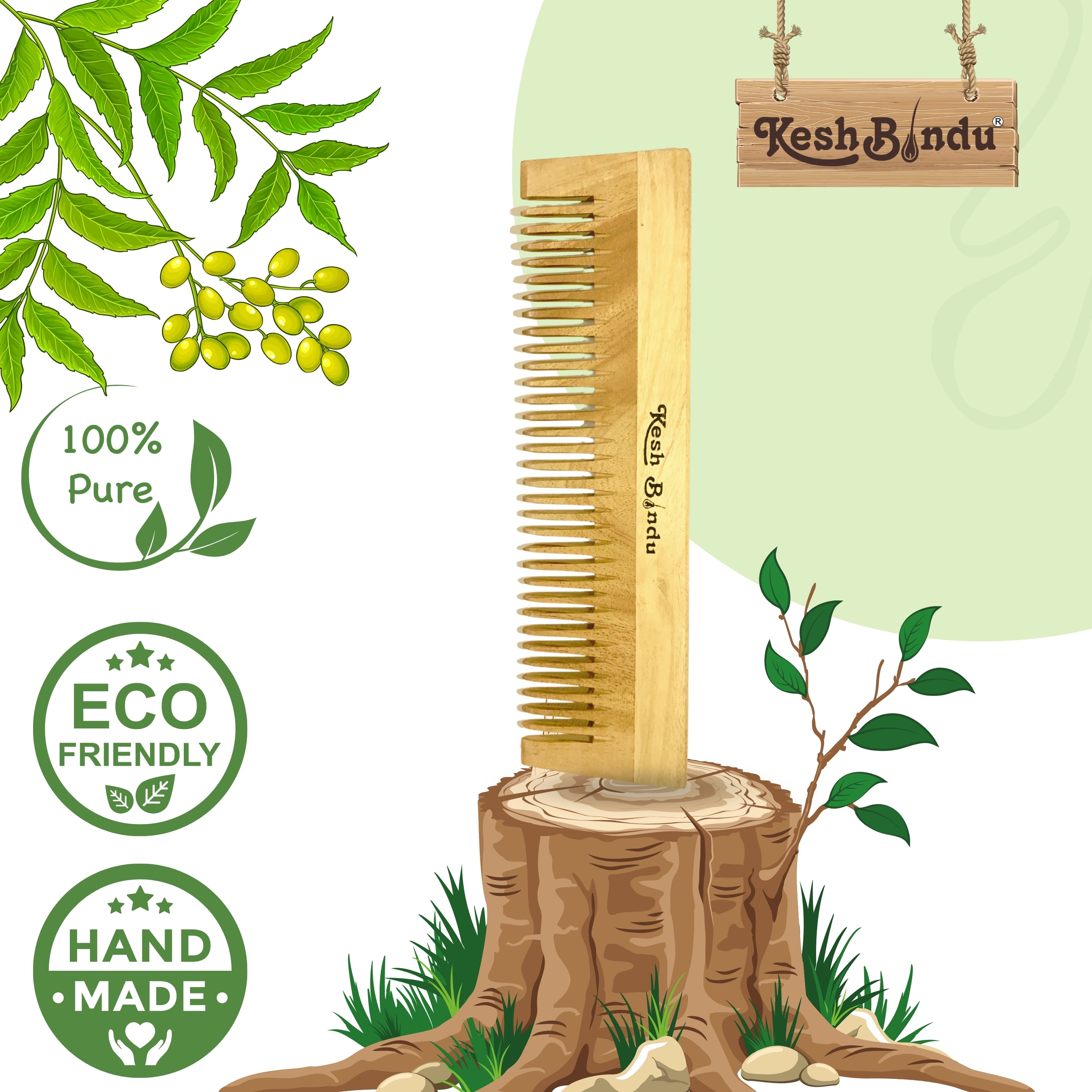 KeshBindu Neem Comb For Men & Women Detangling | Wide Tooth for All Hair Types