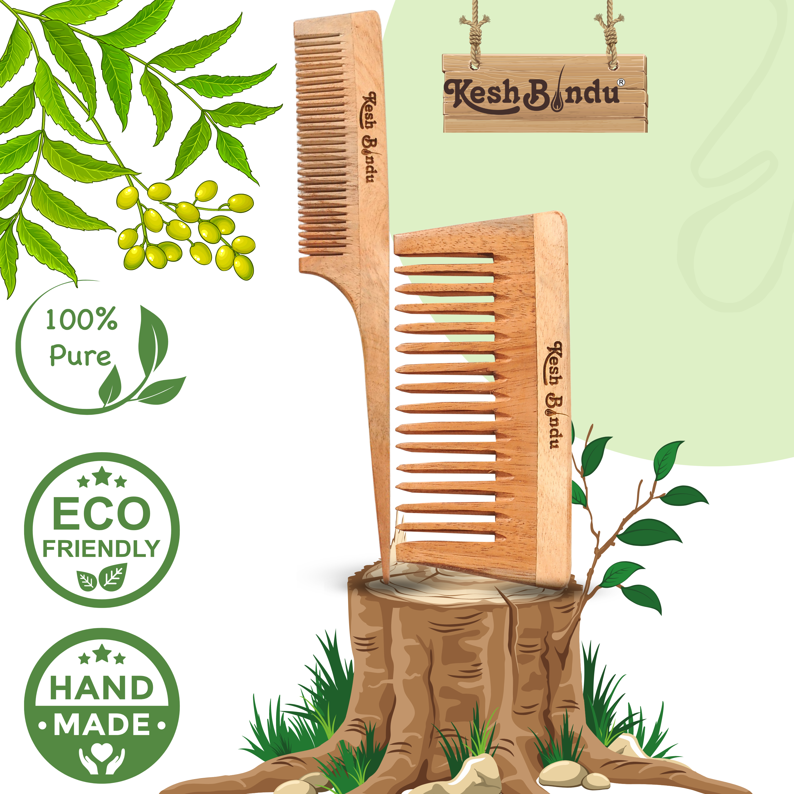 KeshBindu Neem Wooden Comb For Men & Women Detangling, Suited For All Hair Diffrent Type of Kangi Combo Pack 2pis (Wide Tooth + Tel)