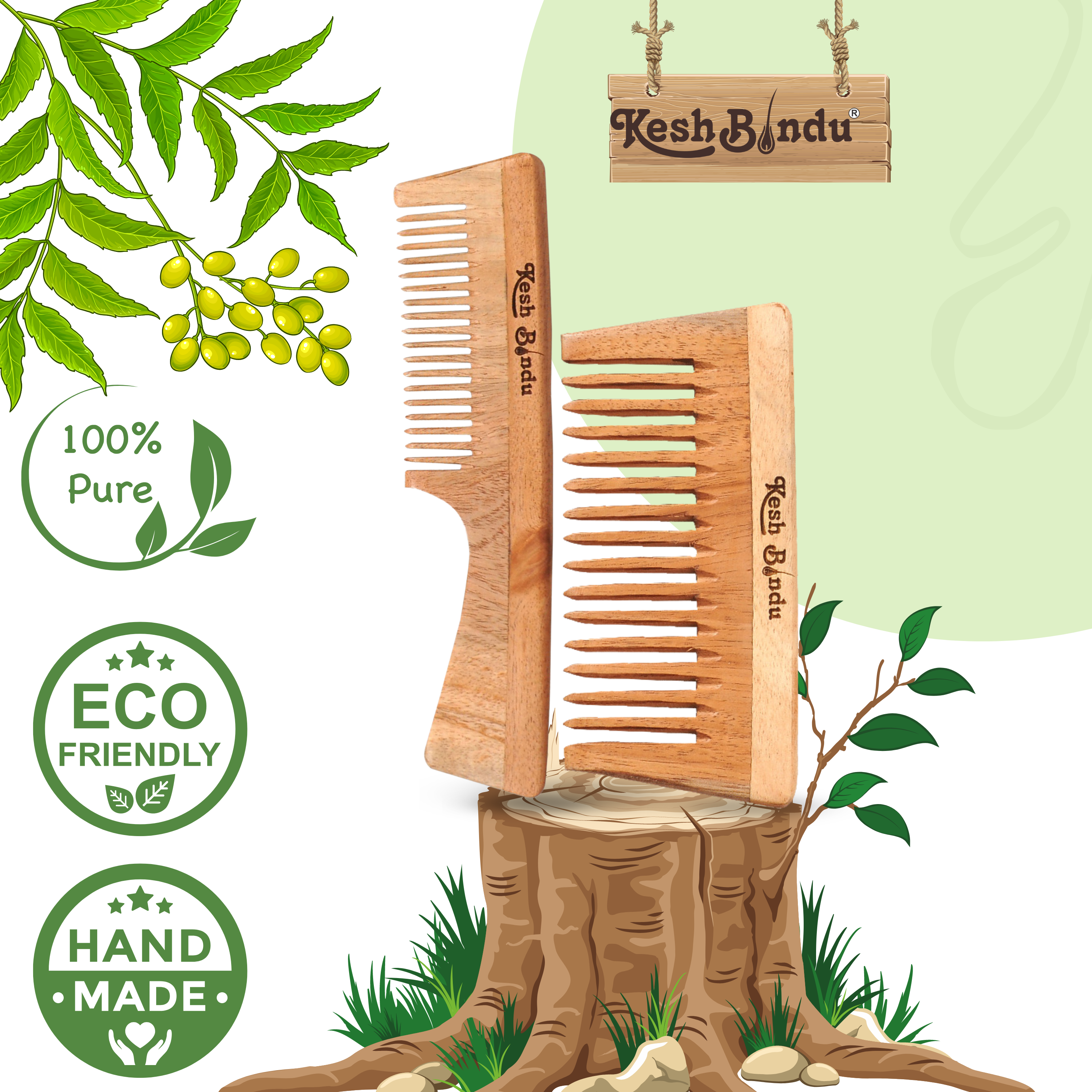 KeshBindu Handmade Neem Wooden Comb(2 Pcs) for Men & Women | Handle + Wide Tooth Comb.