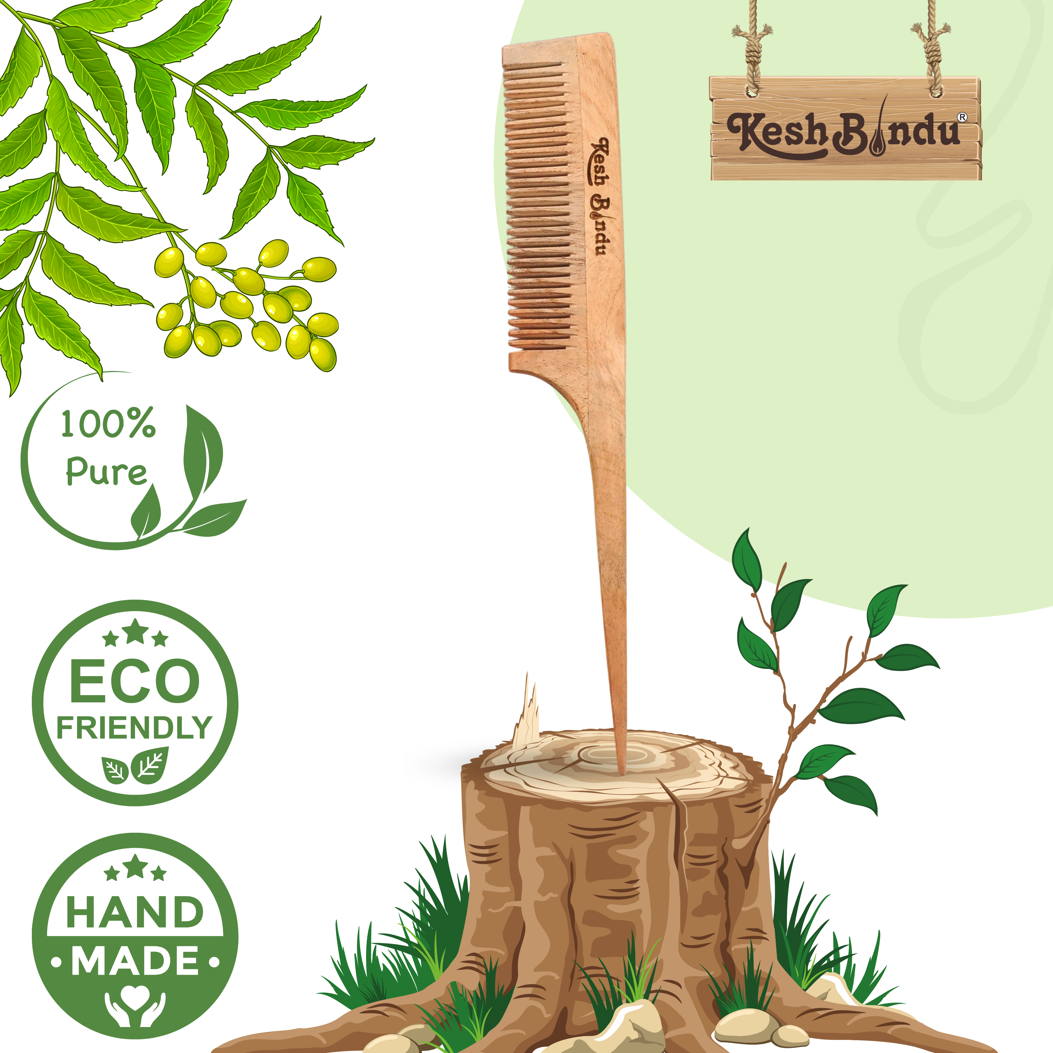 KeshBindu Neem Wooden Comb For Men & Women Styling Hair, Suited For All Hair Types Kangi (Tel Comb)